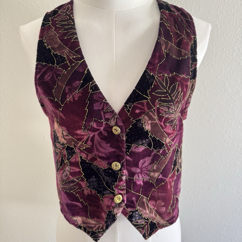 Vintage Velvet Embroidered Festival Gypsy WhimsiGoth Burnout Vest S/M Wine Gold